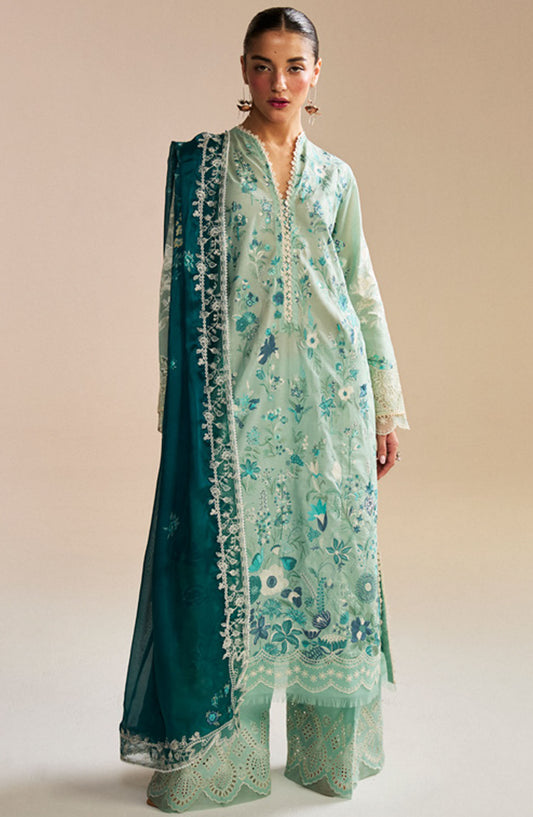 Satori by Zara Shahjahan Embroidered Lawn Unstitched 3 Piece Suit - D-02-B Nozami - ZS25SSL - Sea Green - Summer Collection
