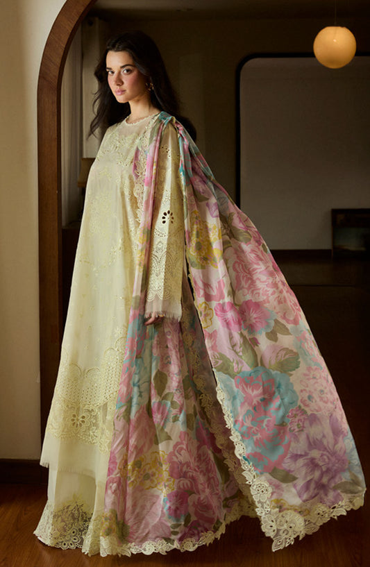 Satori by Zara Shahjahan Embroidered Lawn Unstitched 3 Piece Suit - D-01-B Kaori - ZS25SSL - Yellow - Summer Collection