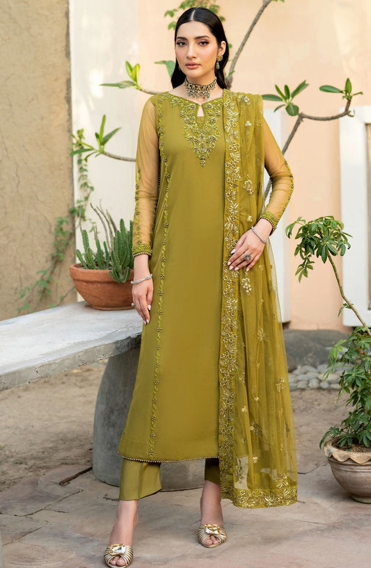 Arzou by Zarif Embroidered Chiffon Unstitched 3 Piece Suit - UNST-HW-06 Jean - ZRF25ARUF - Green - Fromal Collection