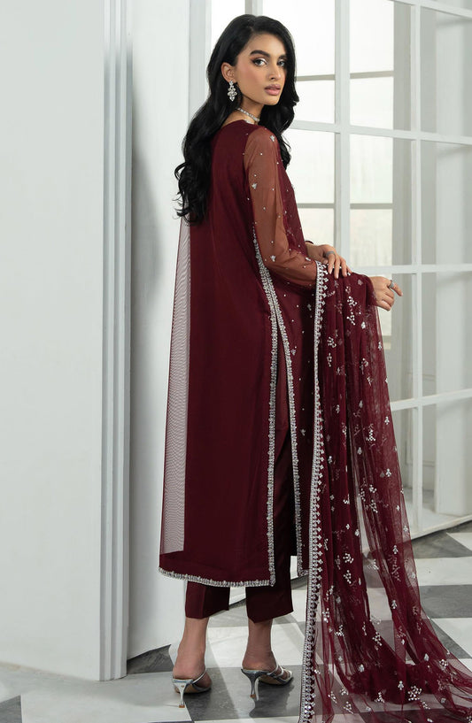 Arzou by Zarif Embroidered Net Unstitched 3 Piece Suit - UNST-HW-04 Solena - ZRF25ARUF - Maroon - Fromal Collection