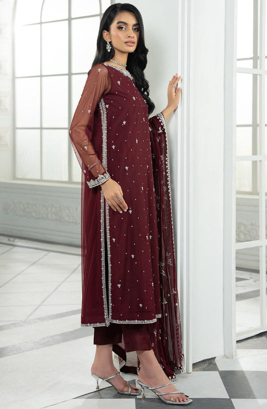 Arzou by Zarif Embroidered Net Unstitched 3 Piece Suit - UNST-HW-04 Solena - ZRF25ARUF - Maroon - Fromal Collection