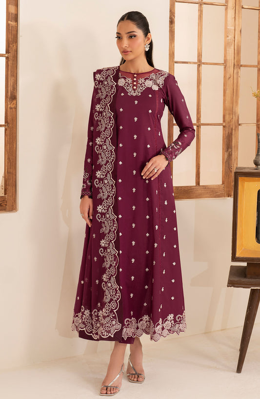 Lamhay by Zarif Embroidered Lawn Unstitched 3 Piece Suit - UNST-LMLW-08 Tehmeen - ZF25LLEL - Maroon - Summer Collection