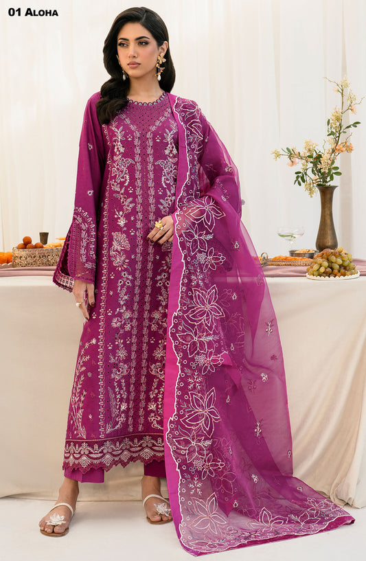 Lamhay by Zarif Embroidered Lawn Unstitched 3 Piece Suit - UNST-LMLW-01 Aloha - ZF25LLEL - Purple - Summer Collection