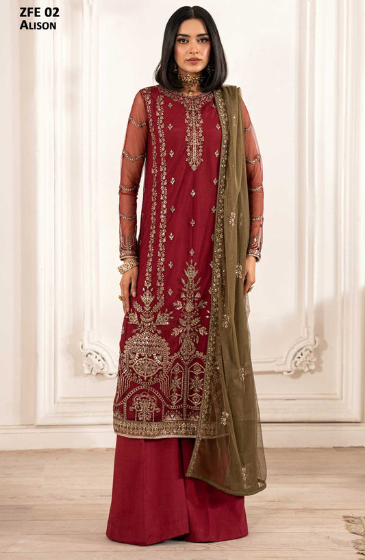 Zarif Luxury Embroidered Net Unstitched 3 Piece Suit - - ZF25FE - ZFE-02-ALISON - Red - Festive Collection