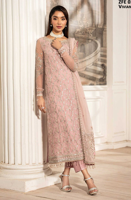 Zarif Luxury Embroidered Net Unstitched 3 Piece Suit - - ZF25FE - ZFE-03-VIVIAN - Light Pink - Festive Collection