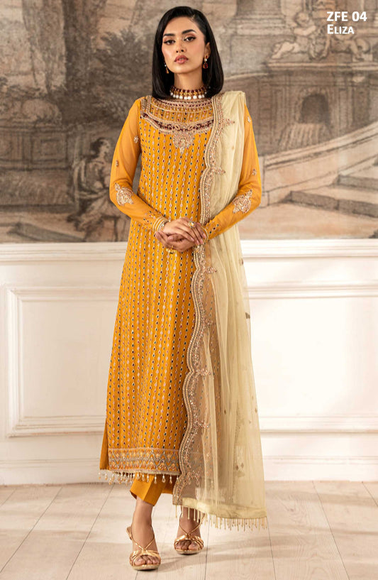 Zarif Luxury Embroidered Net Unstitched 3 Piece Suit - - ZF25FE - ZFE-04-ELIZA - Yellow - Festive Collection