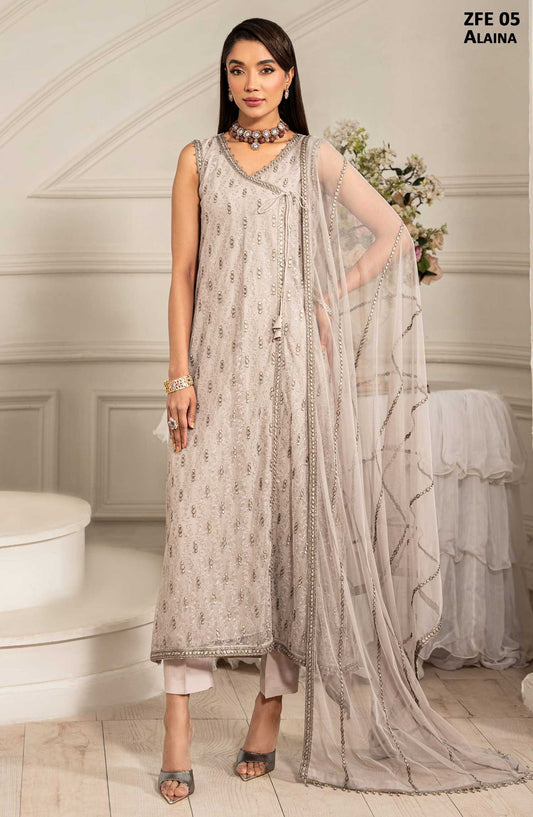 Zarif Luxury Embroidered Net Unstitched 3 Piece Suit - - ZF25FE - ZFE-05-ALAINA - White - Festive Collection