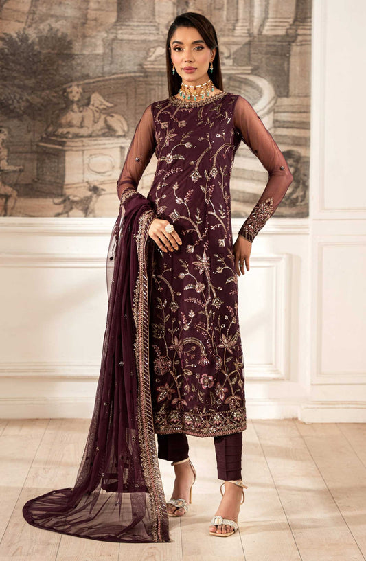 Zarif Luxury Embroidered Net Unstitched 3 Piece Suit - - ZF25FE - ZFE-06-DAHLIA - Purple - Festive Collection