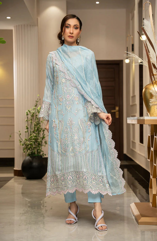 Zouj Embroidered Chiffon Unstitched 4 Piece Suit - Frosted Blue - ZJ25EUCE - Blue - Festive Collection