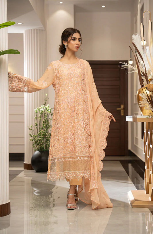 Zouj Embroidered Chiffon Unstitched 4 Piece Suit - Serene Peach - ZJ25EUCE - Peach - Festive Collection