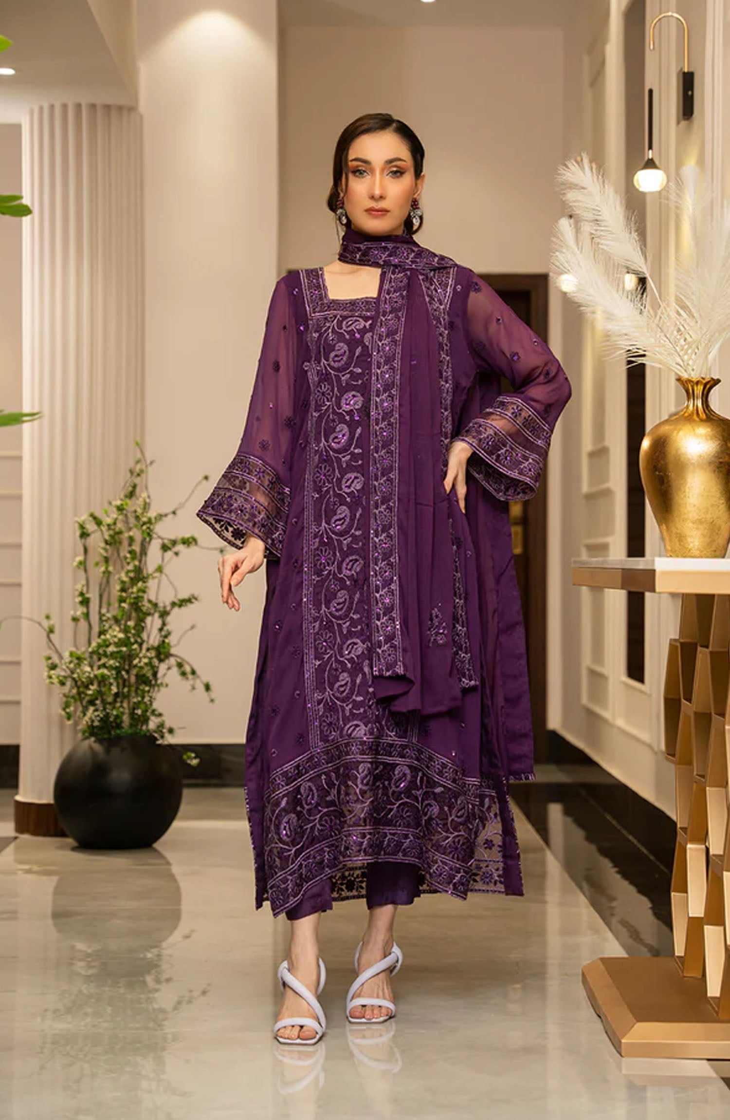 Zouj Embroidered Chiffon Unstitched Piece Suit Violet Viel