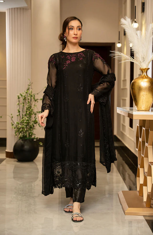 Zouj Embroidered Chiffon Unstitched 4 Piece Suit - Mystic Noir - ZJ25EUCE - Black - Festive Collection
