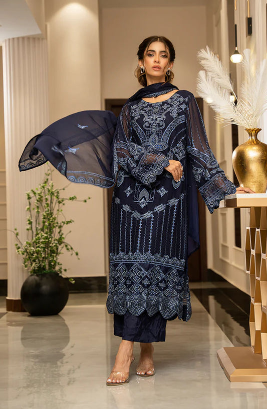 Zouj Embroidered Chiffon Unstitched 4 Piece Suit - Royal Drape - ZJ25EUCE - Blue - Festive Collection
