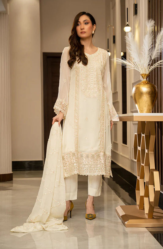 Zouj Embroidered Chiffon Unstitched 4 Piece Suit - Ivory Elegance - ZJ25EUCE - Off White - Festive Collection