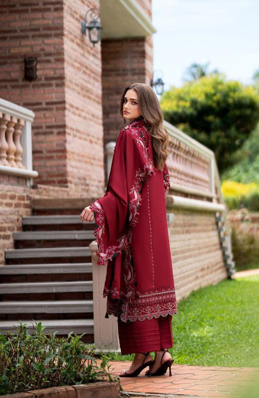 Florent Serenity Embroidered Marina Twill Unstitched 3 Piece Suit - 01 Dahlia - FL26SNT - Maroon - Winter Collection