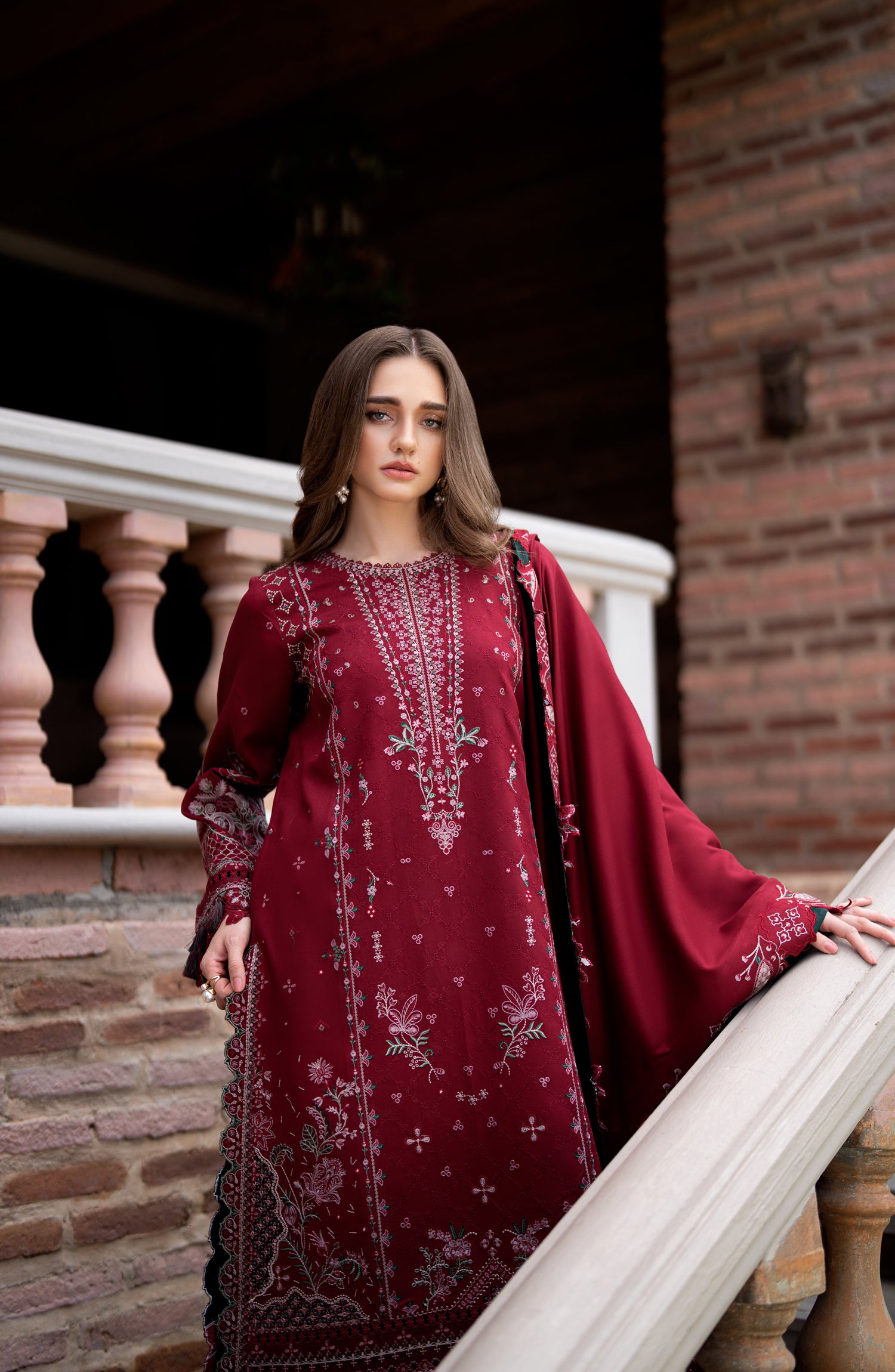 Florent Serenity Embroidered Marina Twill Unstitched 3 Piece Suit - 01 Dahlia - FL26SNT - Maroon - Winter Collection