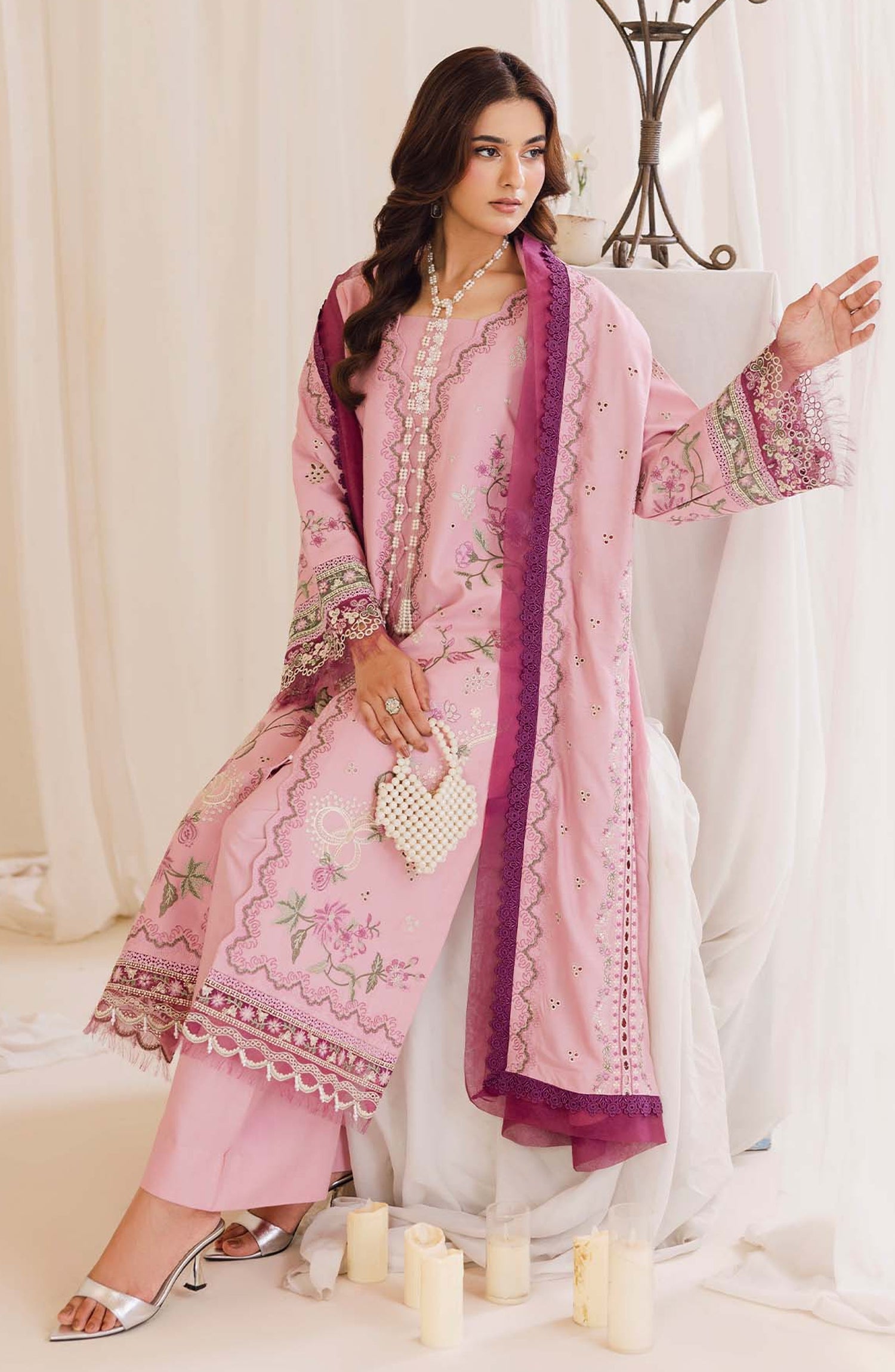Peridot Embroidered Slub Linen Unstitched 3 Piece Suit - 598-B - PT26WT - Pink - Winter Collection