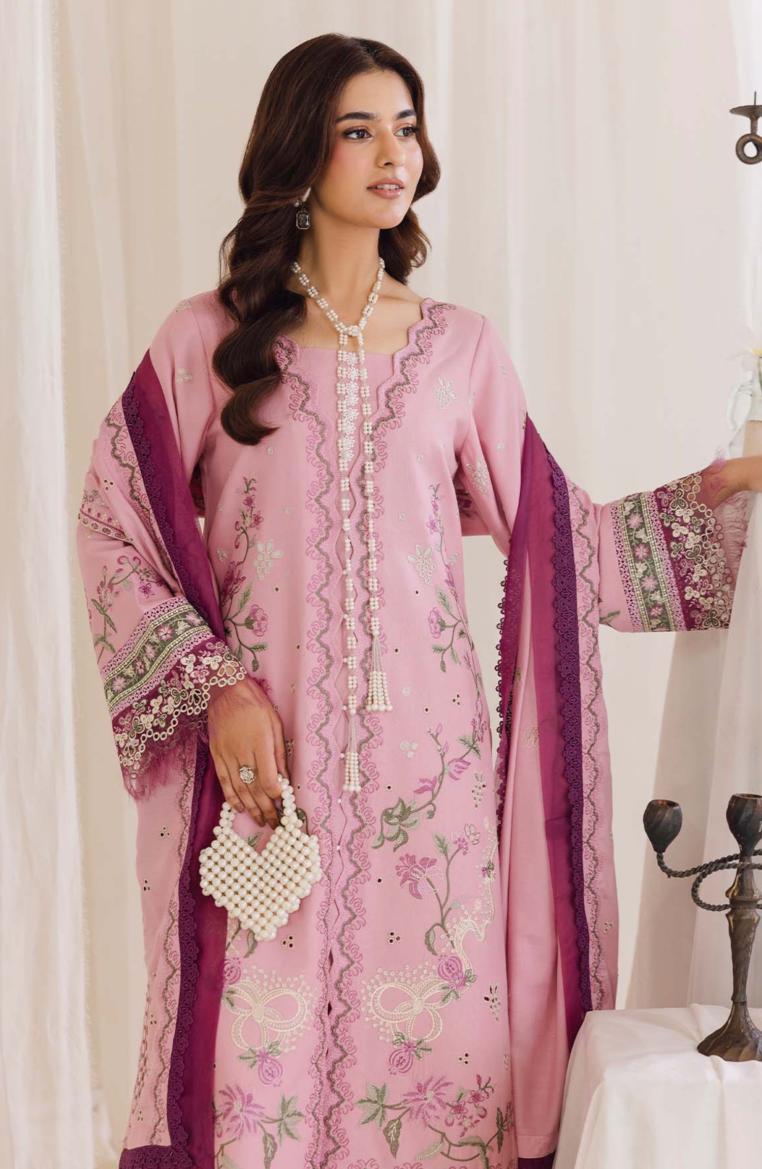 Peridot Embroidered Slub Linen Unstitched 3 Piece Suit - 598-B - PT26WT - Pink - Winter Collection