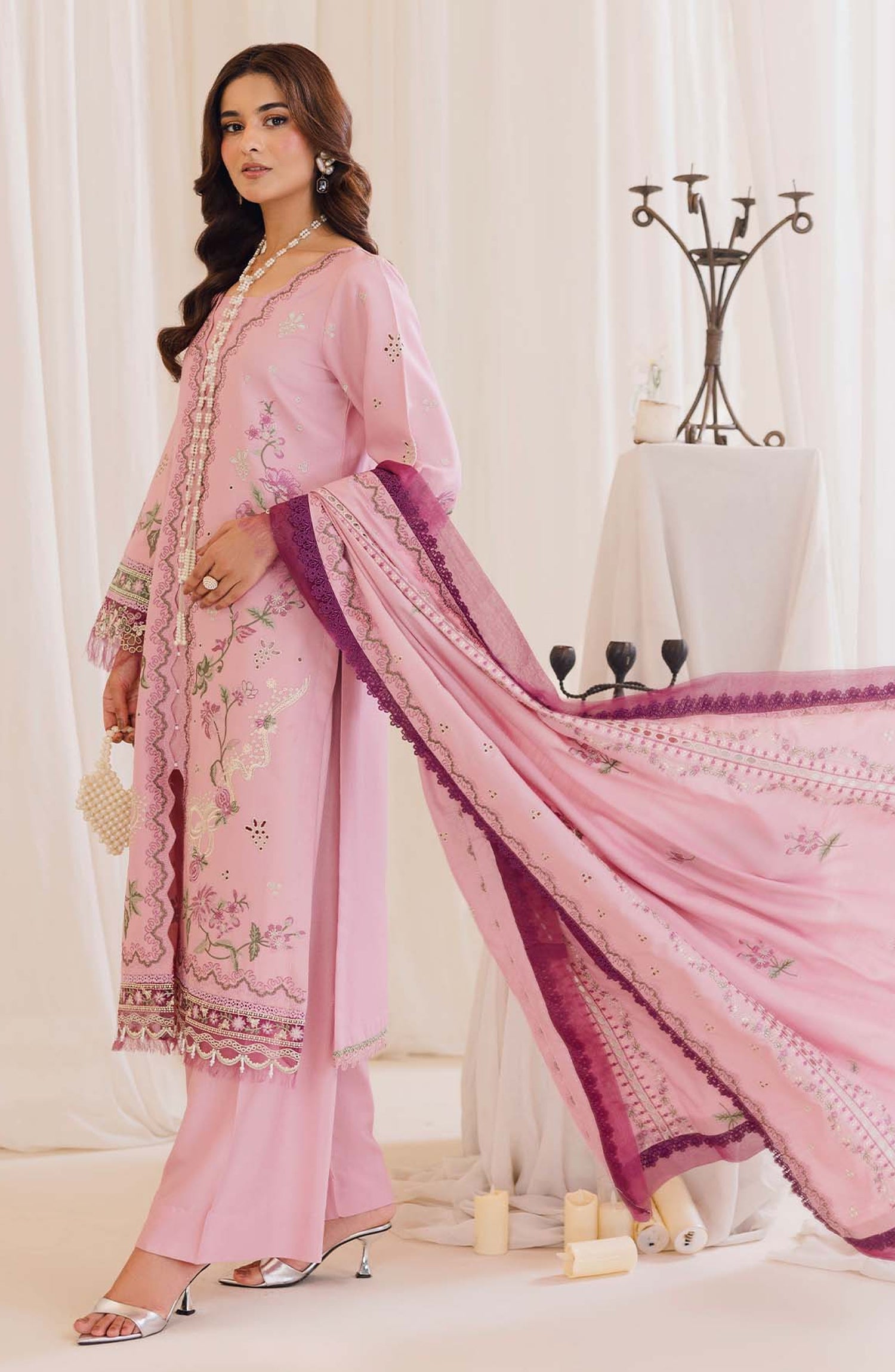 Peridot Embroidered Slub Linen Unstitched 3 Piece Suit - 598-B - PT26WT - Pink - Winter Collection