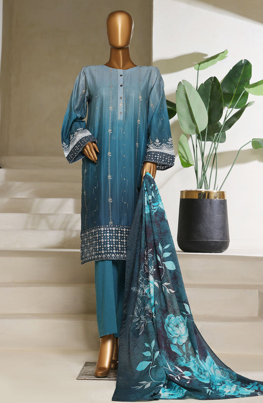 Ombre by HZ Textile Embroidered Lawn Stitched 3 Piece Suit - HZ25OMB - PSJ-030 - Silver Teal - Summer Collection