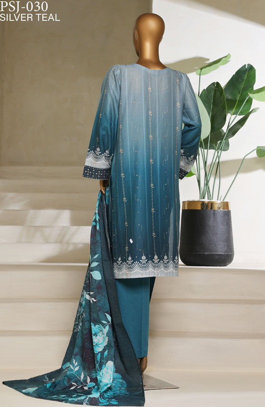Ombre by HZ Textile Embroidered Lawn Stitched 3 Piece Suit - HZ25OMB - PSJ-030 - Silver Teal - Summer Collection