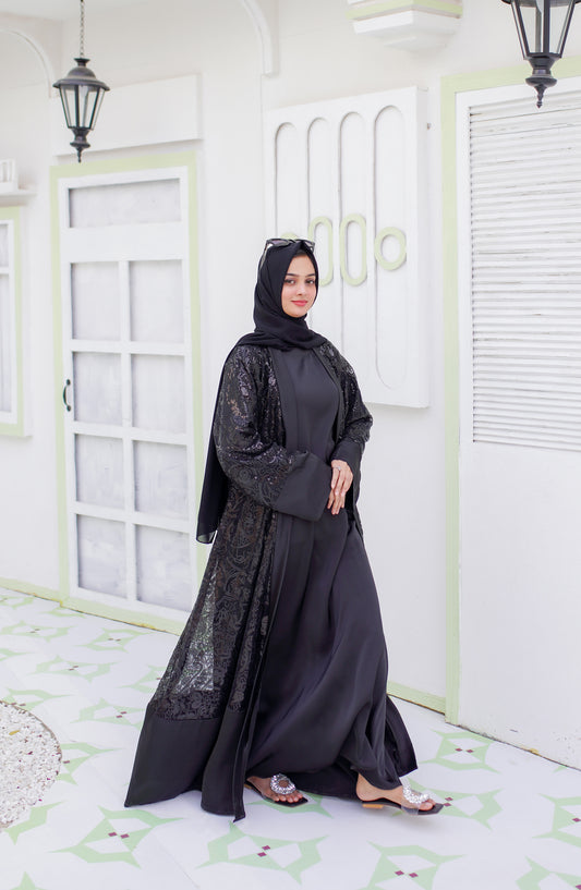 La Khilaba Luxury Wear Printed Finest Quality Sequin net - Black Sequin Open Abaya - LKH25LWR - Abaya Collection