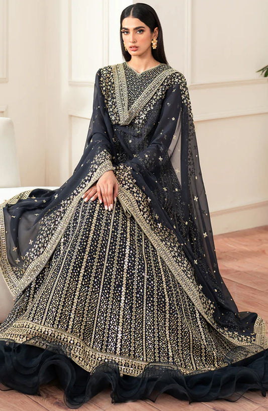 Farasha Luxury Essence Formals Embroidered Chiffon Unstitched 3 Piece Suit - Midnight Navy - FSH25EF - Blue - Festive Collection
