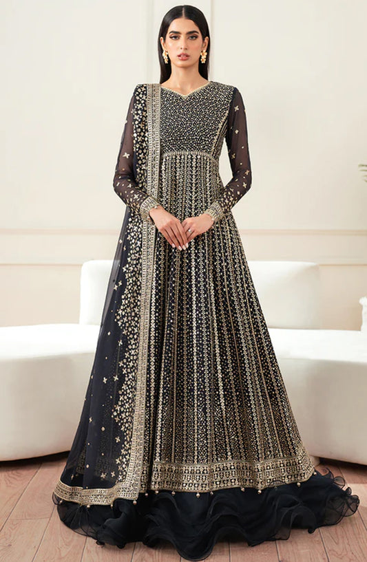 Farasha Luxury Essence Formals Embroidered Chiffon Unstitched 3 Piece Suit - Midnight Navy - FSH25EF - Blue - Festive Collection