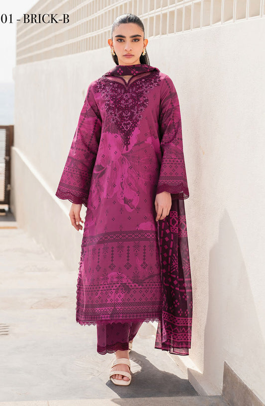 Xenia Embroidered Lawn Unstitched 3 Piece Suit - Brick B - XF25SA - Blue - Summer Collection