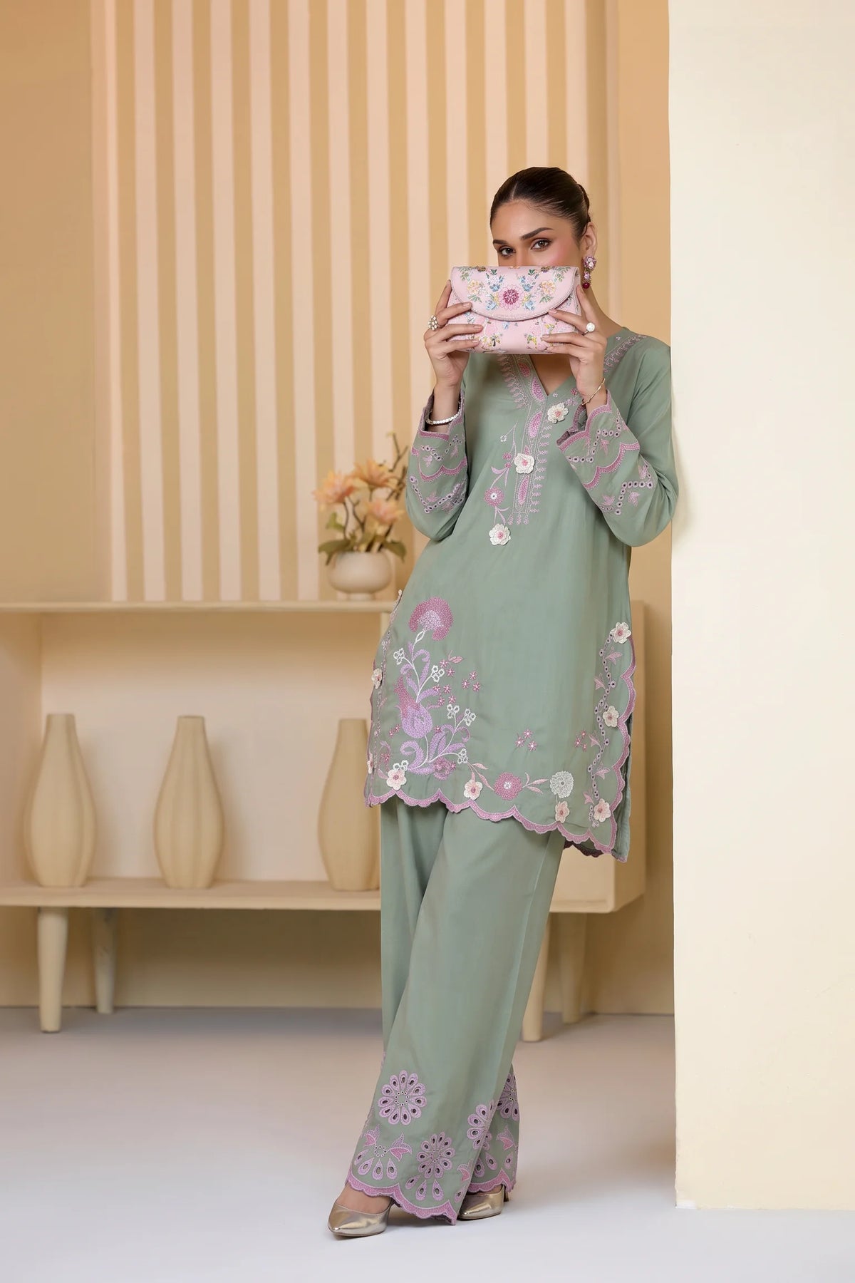 Mulaqaat By Amna Khadija Embroidered Cotton Stitched 2 Piece Co-Ord Set - AKMEC-10 - AM26MULQD3 - Pista Green - Summer Collection