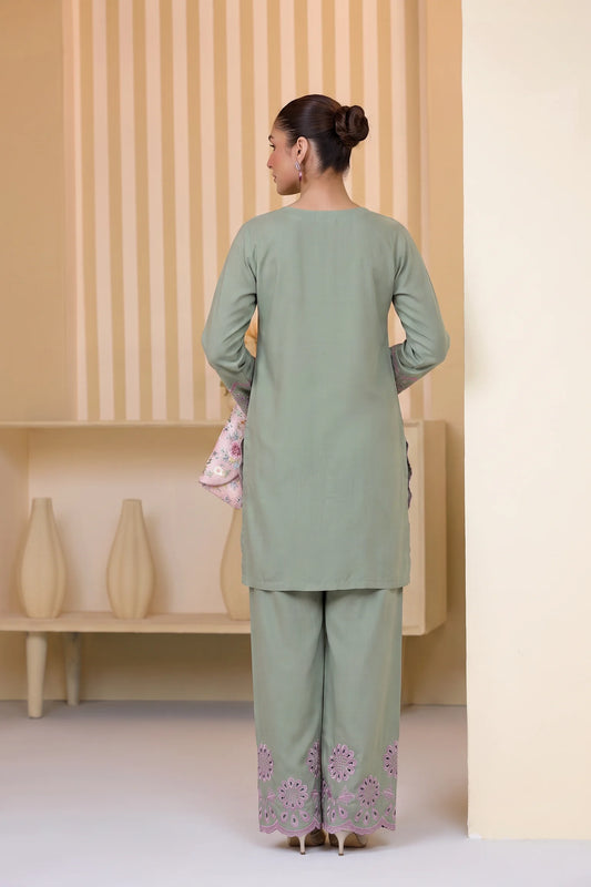 Mulaqaat By Amna Khadija Embroidered Cotton Stitched 2 Piece Co-Ord Set - AKMEC-10 - AM26MULQD3 - Pista Green - Summer Collection