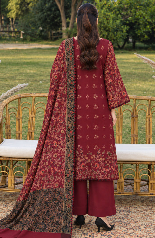 Aveline by Amna Khadija Winter Dyed Wool Printed Unstitched 3 Piece Suit - AKAW-01 - AM26AWE - Red - Winter Collection