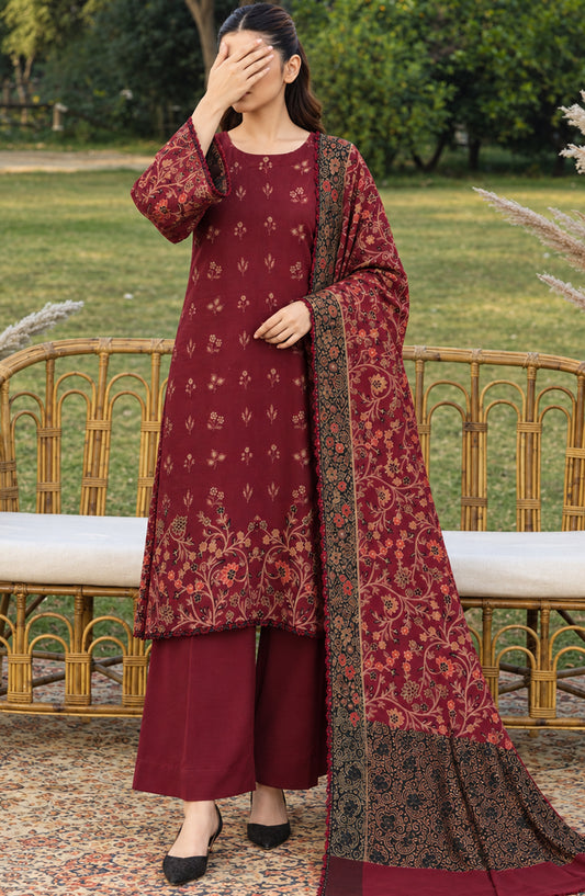 Aveline by Amna Khadija Winter Dyed Wool Printed Unstitched 3 Piece Suit - AKAW-01 - AM26AWE - Red - Winter Collection