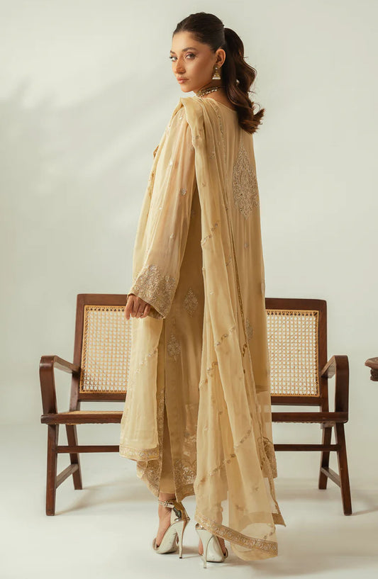 Diva by Zouj Embroidered Chiffon Unstitched 3 Piece Suit - Champagne Gold - ZJ25DFL - Golden - Festive Collection