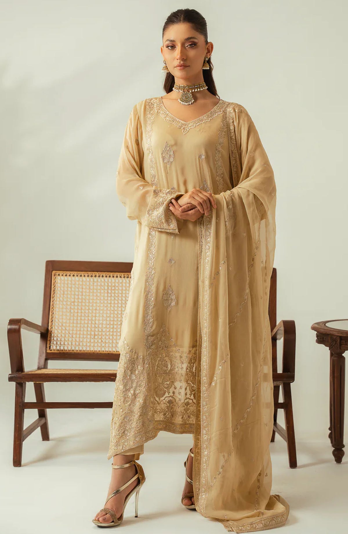 Diva by Zouj Embroidered Chiffon Unstitched 3 Piece Suit - Champagne Gold - ZJ25DFL - Golden - Festive Collection