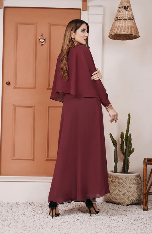 La Rosaa Solids Georgette Stitched 1 Piece Maxi - Crimson Red 1Pc - LRS25EE - Maroon - Eid Collection