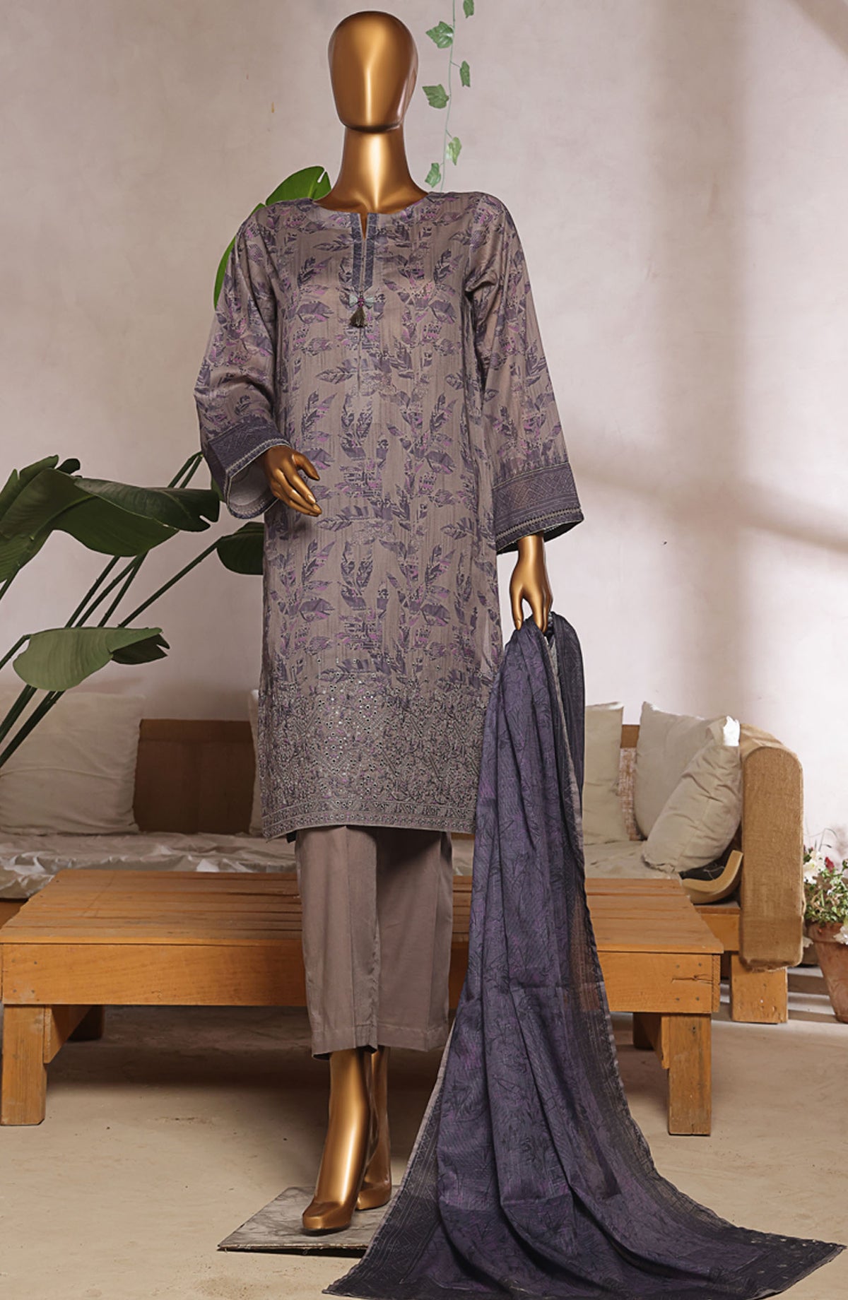 Aashkaaar by HZ Textile Embroidered Lawn Stitched 3 Piece Suit - EPL-3P-003 - HZ25ASHV5 - Grey - Summer Collection