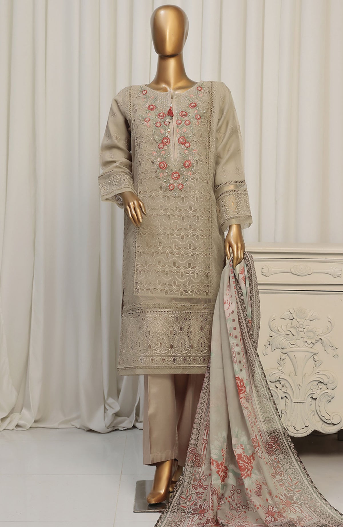 Falsafaa by HZ Textile Embroidered Organza Stitched 3 Piece Suit - HZK-178 Camel Brown - HZ25FHZKV6 - Beige - Festive Collection