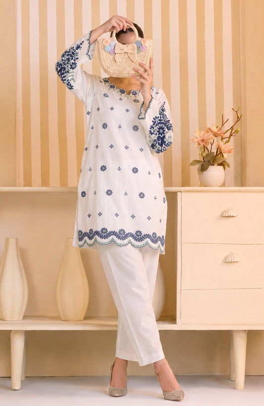 Mulaqaat By Amna Khadija Embroidered Cotton Stitched 2 Piece Co-Ord Set - AKMEC-12 - AM26MULQD3 - White - Summer Collection