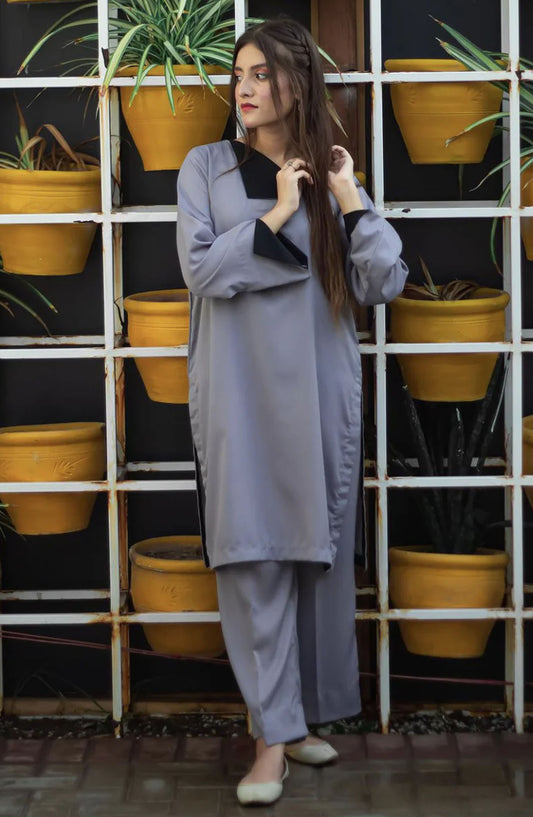 Zauk Casual Georgette Stitched 2 Piece Suit - Lava Gray - ZK25CC - Purple - Casual Collection
