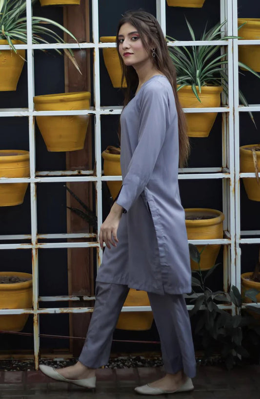 Zauk Casual Georgette Stitched 2 Piece Suit - Lava Gray - ZK25CC - Purple - Casual Collection