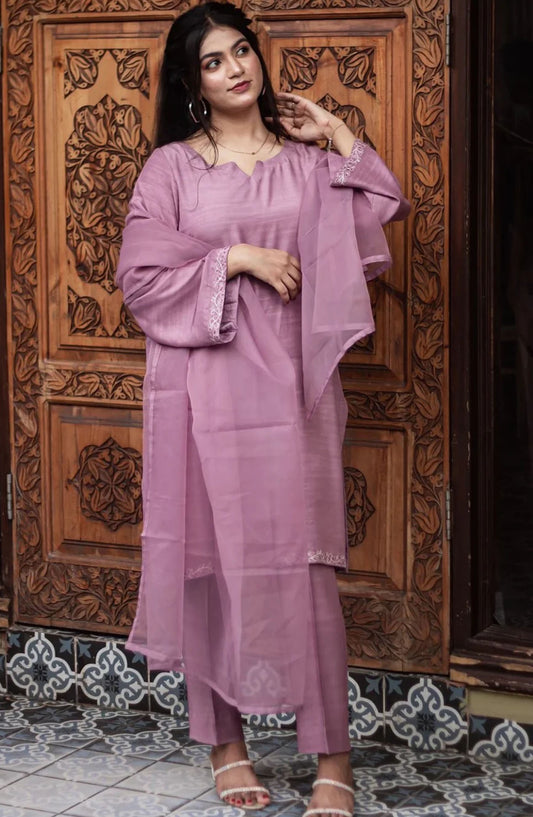 Zauk Rawsilk Stitched 3 Piece Suit - Lavender - ZK25FC - Purple - Festive Collection