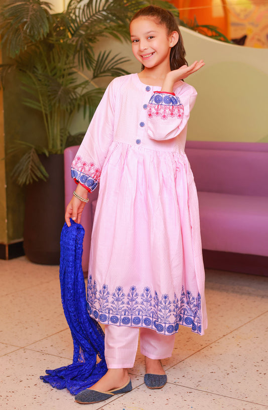 Amna Khadija Embroidered Cotton Stitched 3 Piece Suit - LF-01 - AM25LFKF - Pink - Girls Eid Collection