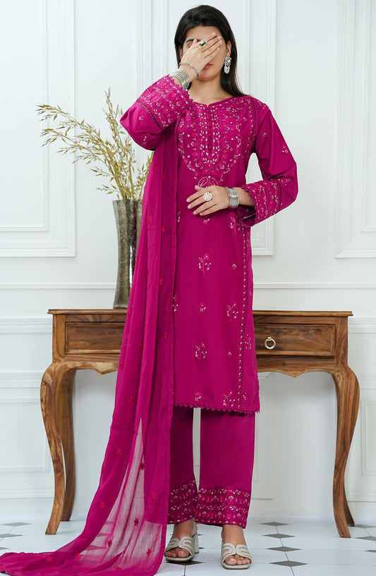 Mauve by Amna Khadija Embroidered Lawn Stitched 3 Piece Suit - MLP-07 - AM25MLPD2 - Magenta - Summer Collection