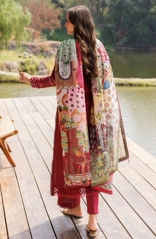 Xenia Embroidered Lawn Unstitched 3 Piece Suit - Paula - XF25LL - Red - Summer Collection