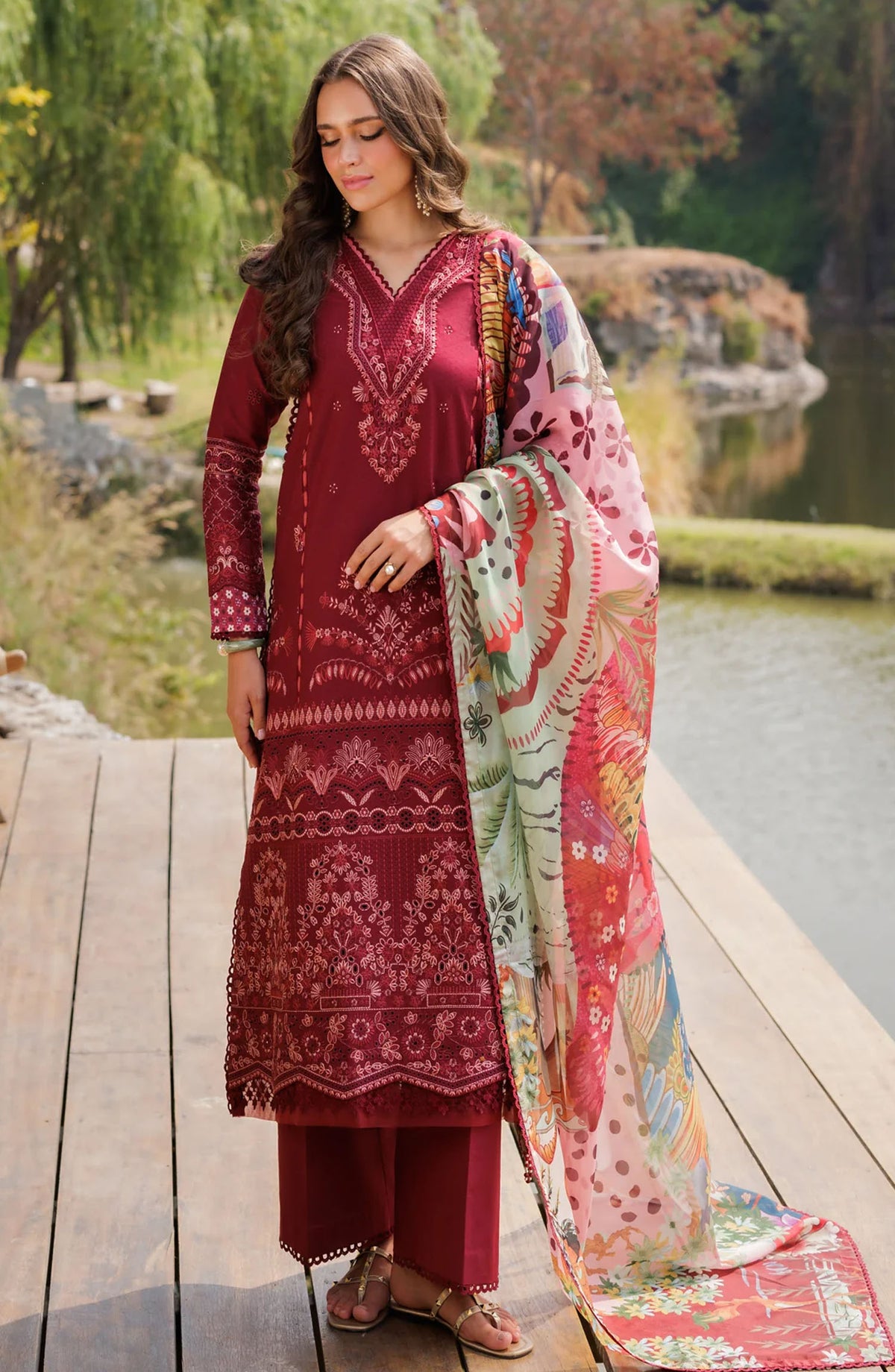Xenia Embroidered Lawn Unstitched 3 Piece Suit - Paula - XF25LL - Red - Summer Collection