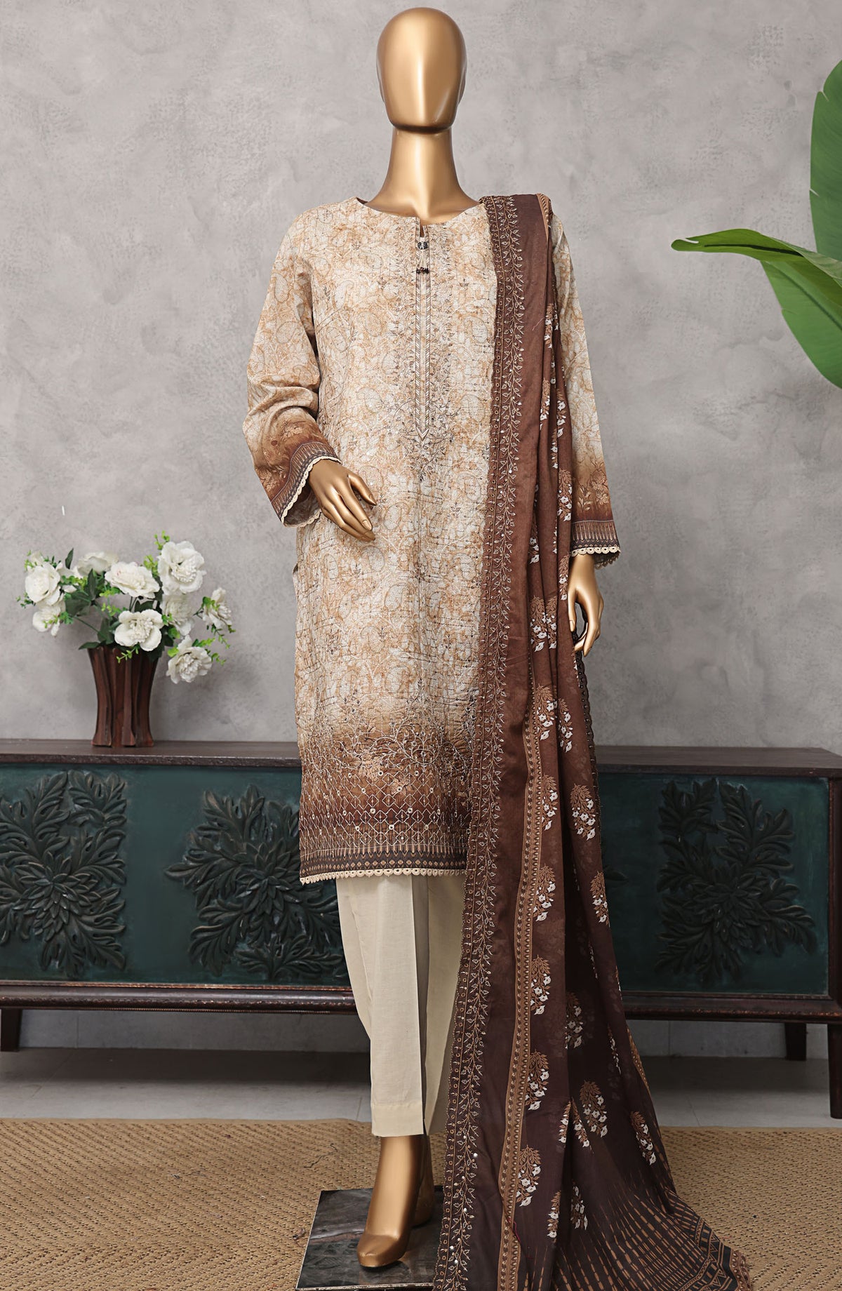 HZ Textile Embroidered Lawn Unstitched 3 Piece Suit - PCE-938 - HZ25PECL - Beige - Summer Collection