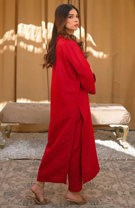 Zauk Casual Raw Silk Stitched 2 Piece Suit - Ruby - ZK25BCS - Red - Casual Collection