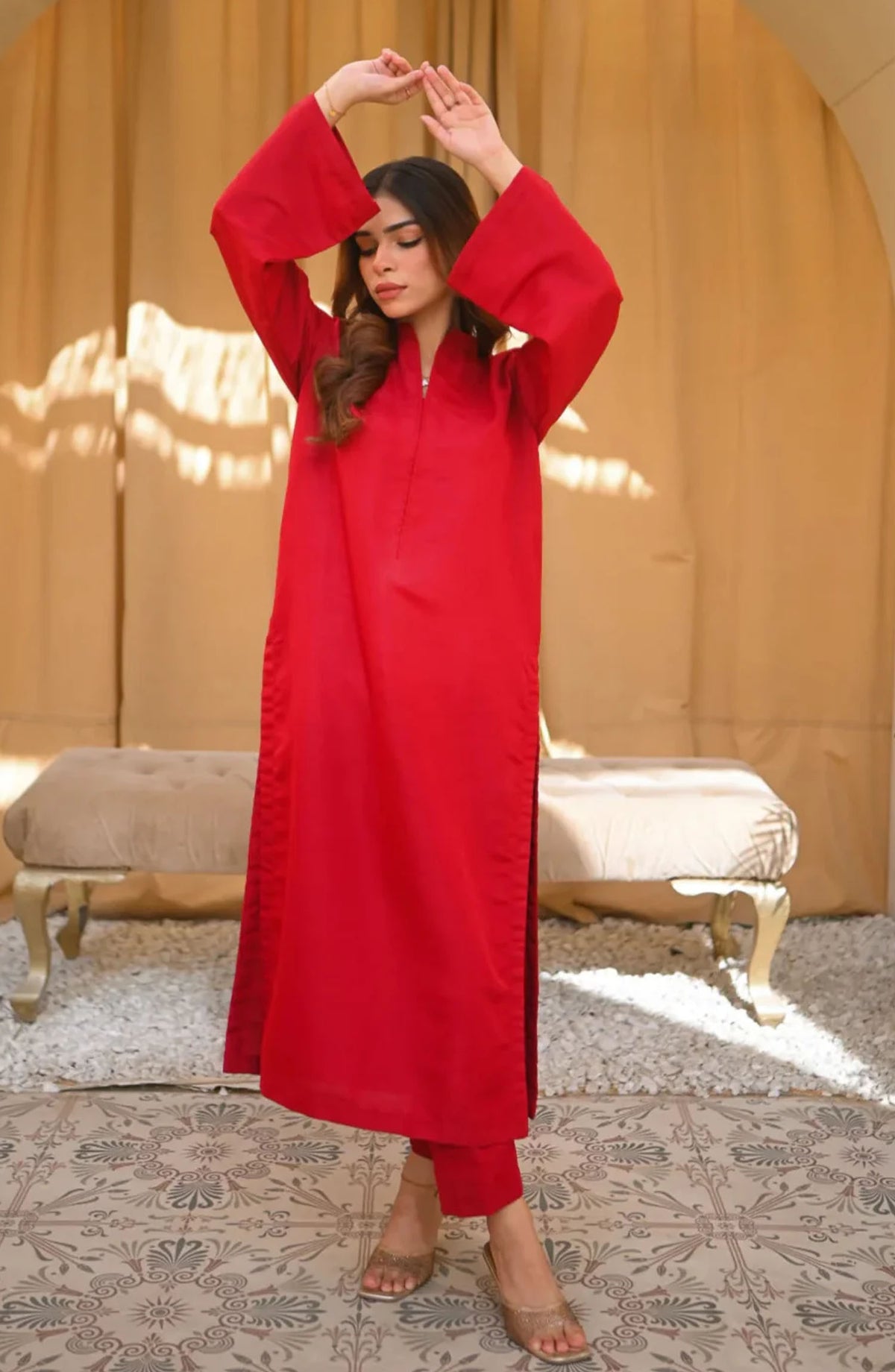 Zauk Casual Raw Silk Stitched 2 Piece Suit - Ruby - ZK25BCS - Red - Casual Collection