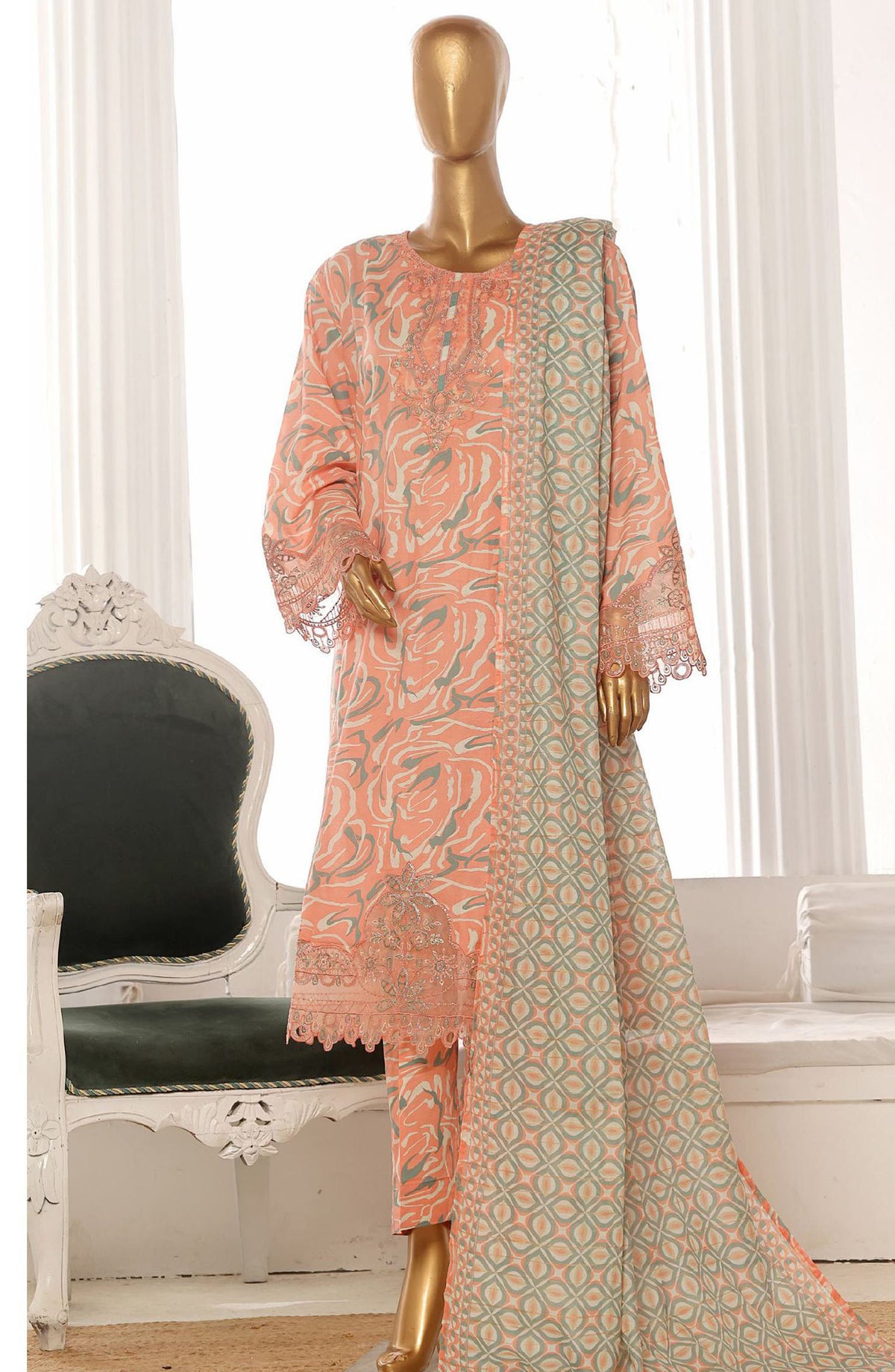 Bin Saeed Embroidered Lawn Stitched 3 Piece Frock - SM-638 - BS25LFV2 - Peach - Summer Collection